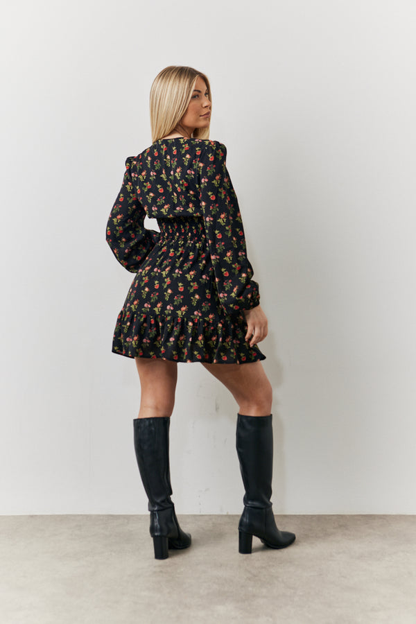 In The Style In The Style Black Rose Print Wrap Front Mini Skater Dress Black