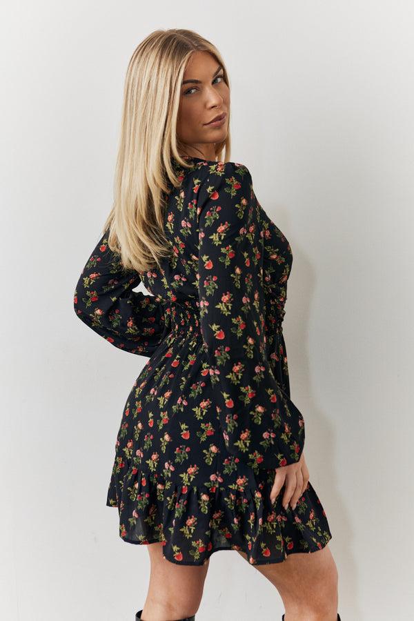 In The Style In The Style Black Rose Print Wrap Front Mini Skater Dress Black