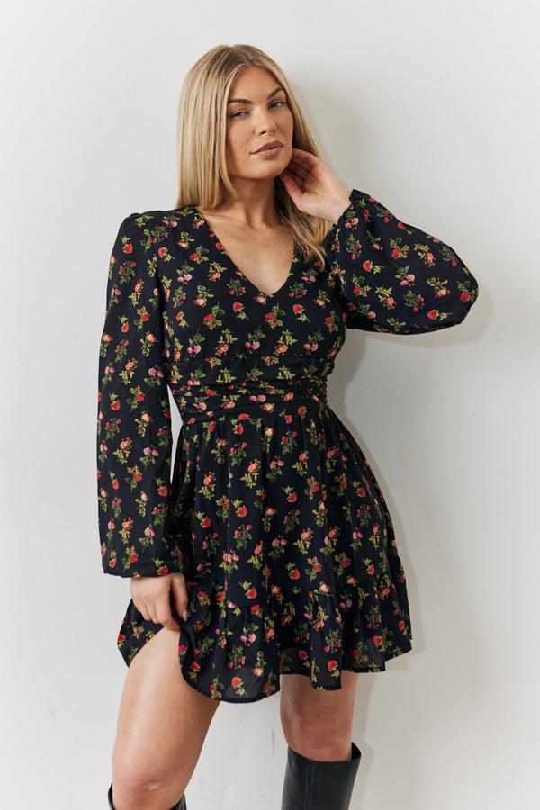 in the style In the Style Black Rose Print Wrap Front Mini Skater Dress Black