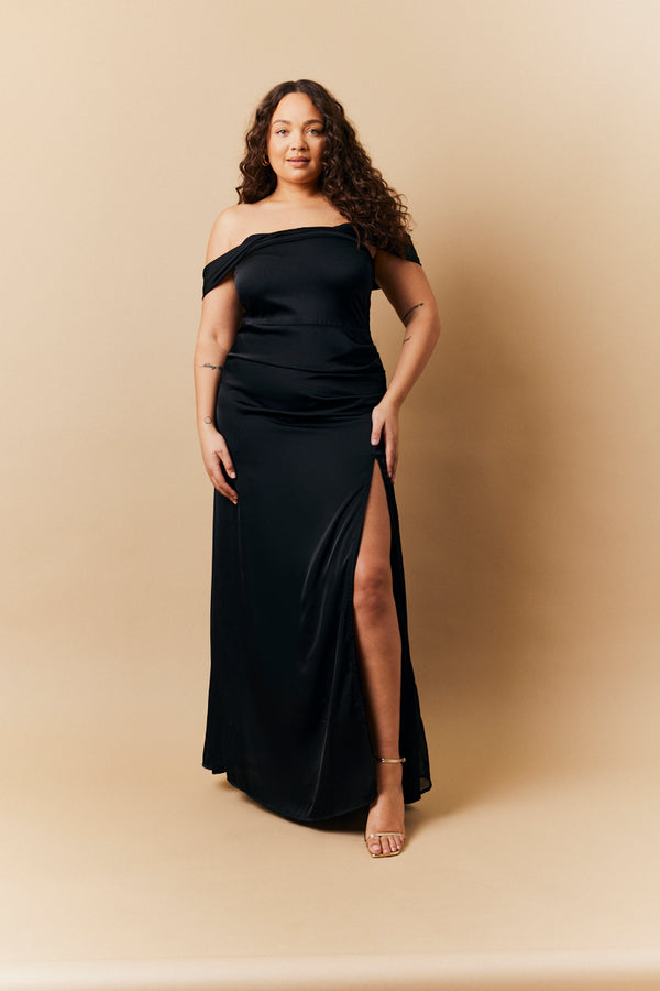 In The Style In The Style Black Satin Bardot Ruched Maxi Dress Black