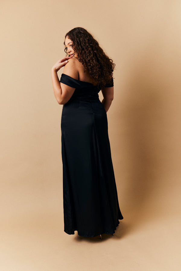 In The Style In The Style Black Satin Bardot Ruched Maxi Dress Black