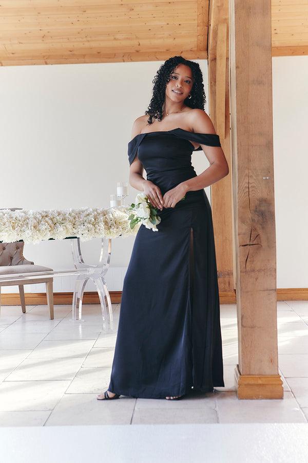 in the style In The Style Black Satin Bardot Ruched Maxi Dress Black