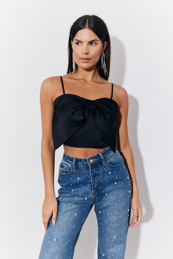 in the style In the Style Black Satin Bow Detail Cami Top Black