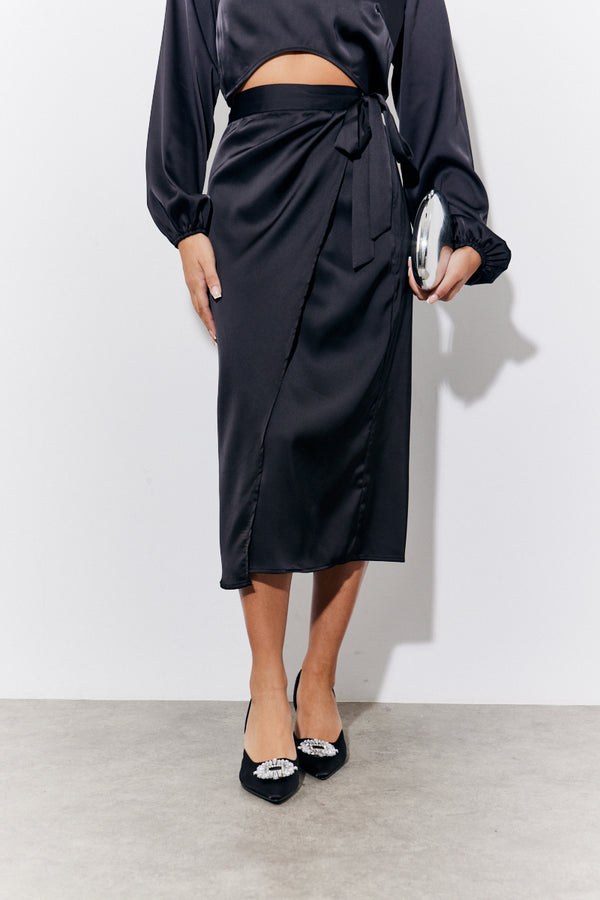 In The Style In The Style Black Satin Wrap Midi Skirt Black
