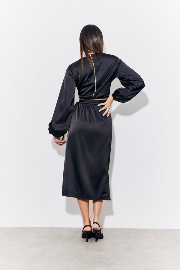 In The Style In The Style Black Satin Wrap Midi Skirt Black