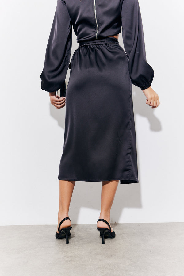 In The Style In The Style Black Satin Wrap Midi Skirt Black