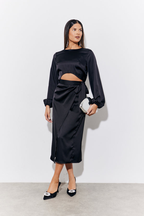 in the style In the Style Black Satin Wrap Midi Skirt Black