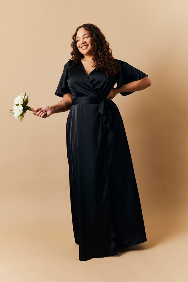 In The Style In The Style Black Satin Wrap Tie Angel Sleeve Maxi Dress Black