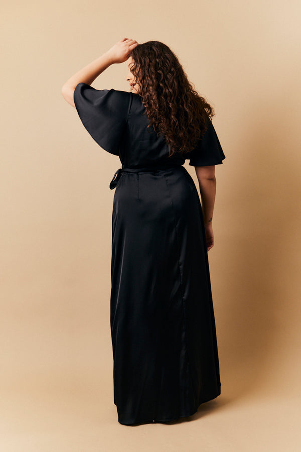 In The Style In The Style Black Satin Wrap Tie Angel Sleeve Maxi Dress Black