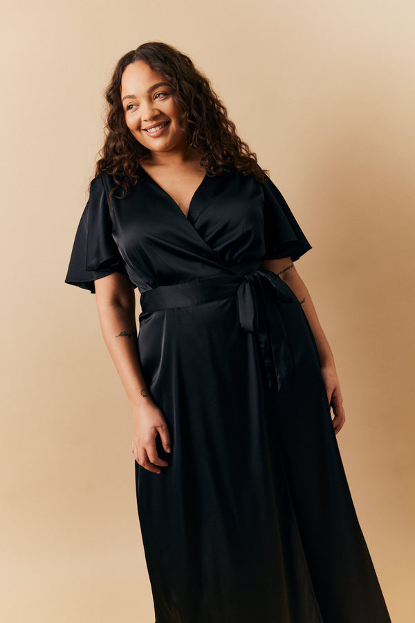 In The Style In The Style Black Satin Wrap Tie Angel Sleeve Maxi Dress Black