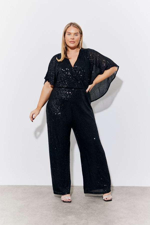 in the style In the Style Black Sequin Cape Style Wide Leg Jumpsuit Black