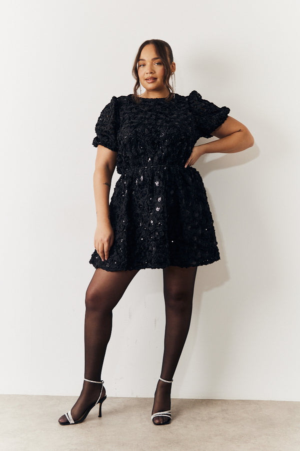 In The Style In The Style Black Sequin Floral Applique Fit And Flare Mini Dress Black