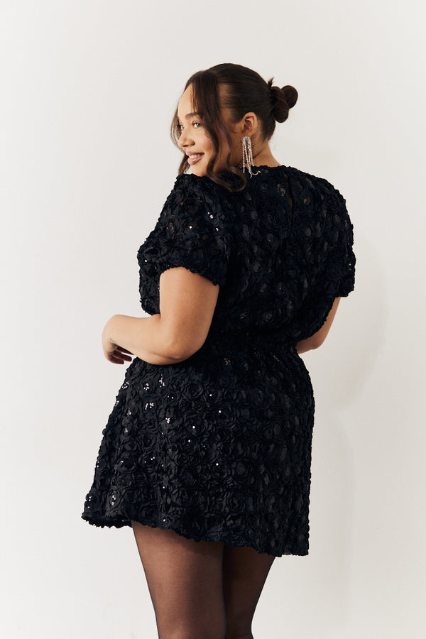 In The Style In The Style Black Sequin Floral Applique Fit And Flare Mini Dress Black