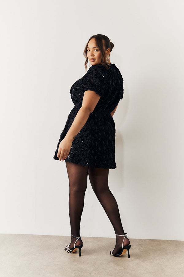 In The Style In The Style Black Sequin Floral Applique Fit And Flare Mini Dress Black