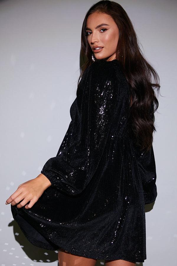 In The Style In The Style Black Sequin V Neck Smock Dress Black