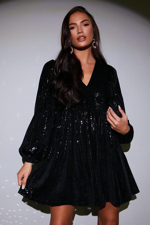 in the style In the Style Black Sequin V Neck Smock Dress Black