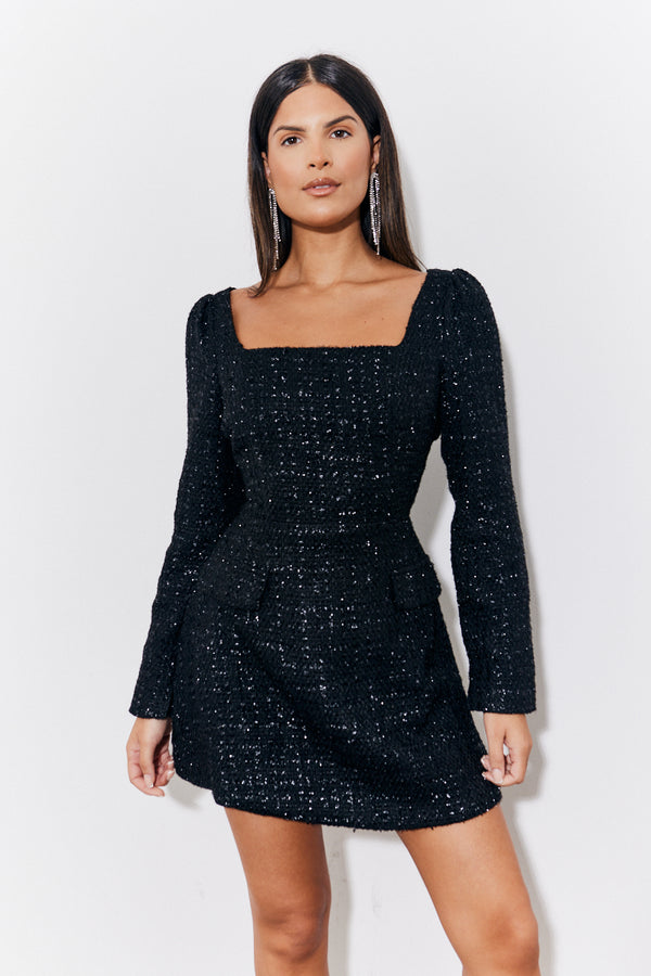 In The Style In The Style Black Tweed Fit And Flare Mini Dress Black