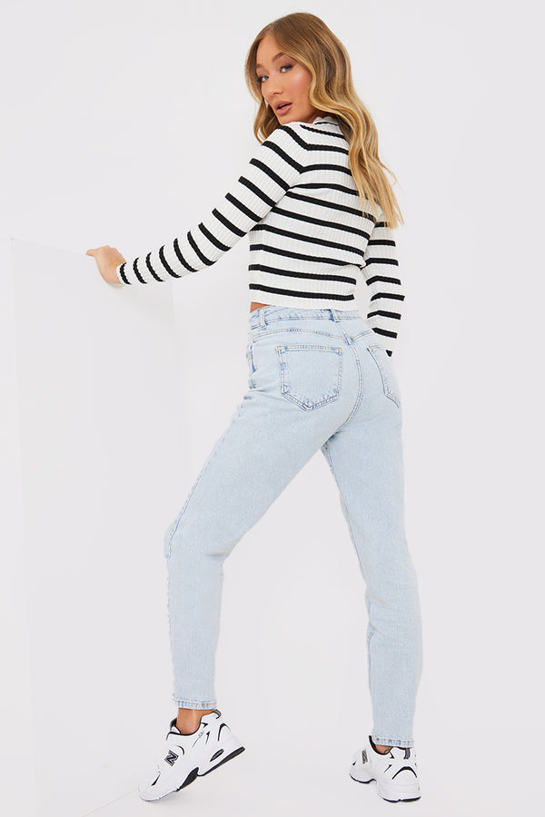 In The Style In The Style Bleach Wash Mom Jean Blue