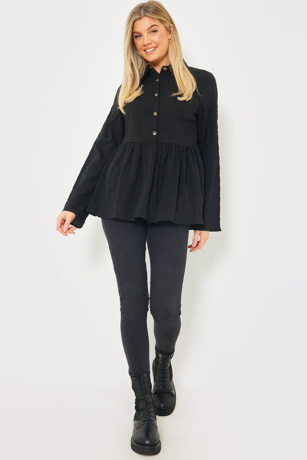 In The Style In The Style Blouson Sleeve Button Front Blouse Black