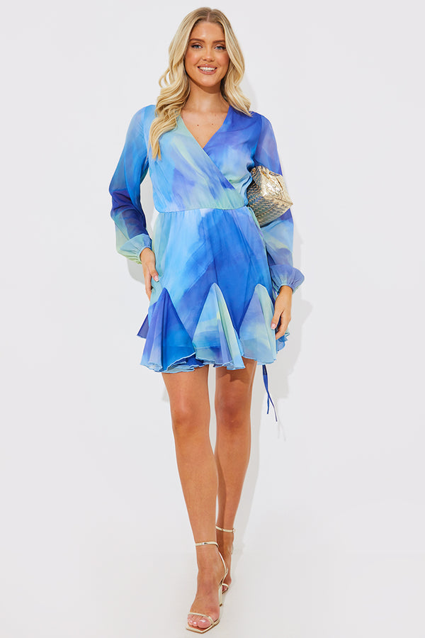 In The Style In The Style Blue Abstract Print Chiffon Wrap Godet Frill Mini Dress Blue