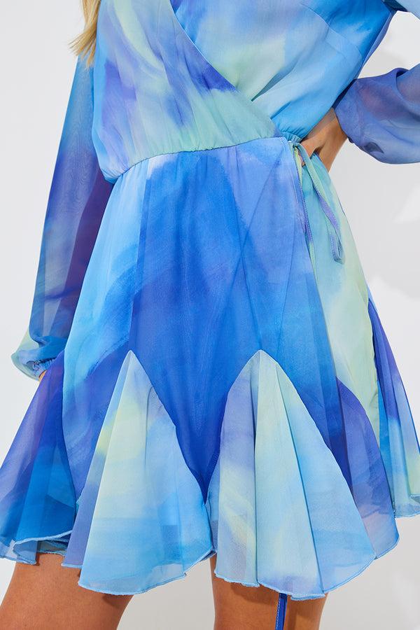 In The Style In The Style Blue Abstract Print Chiffon Wrap Godet Frill Mini Dress Blue