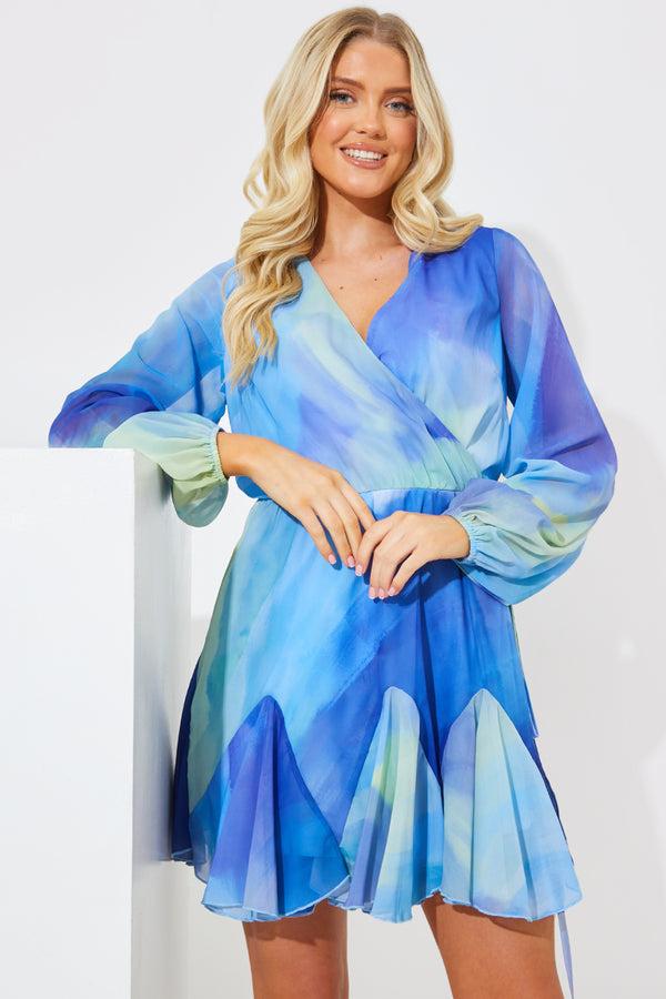in the style In the Style Blue Abstract Print Chiffon Wrap Godet Frill Mini Dress Blue