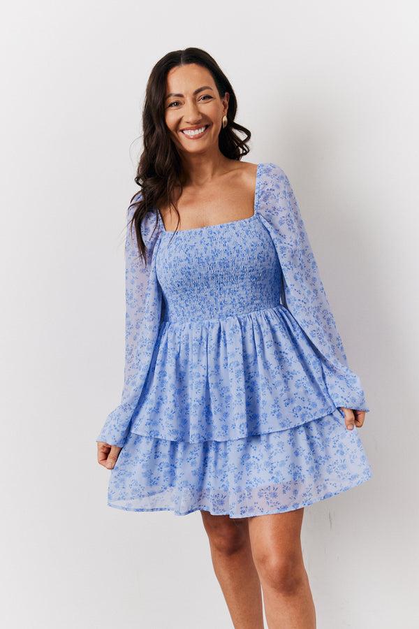 In The Style In The Style Blue Floral Print Shirred Bust Tiered Mini Dress Blue