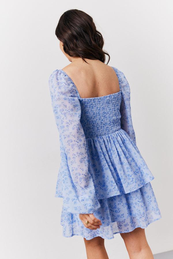 In The Style In The Style Blue Floral Print Shirred Bust Tiered Mini Dress Blue