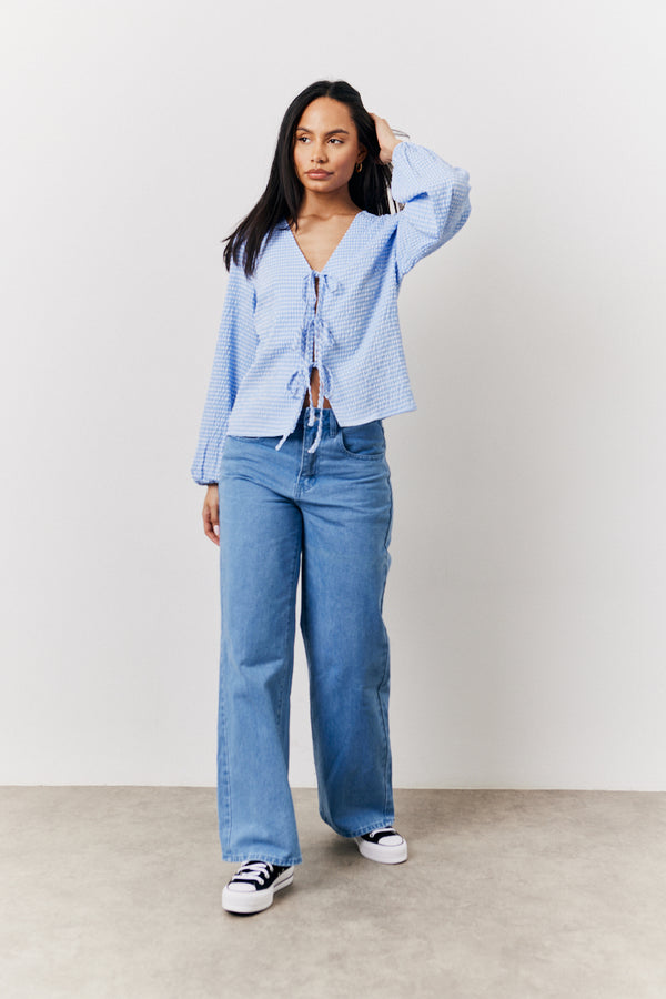 In The Style In The Style Blue Gingham Seersucker Tie Front Blouse Blue