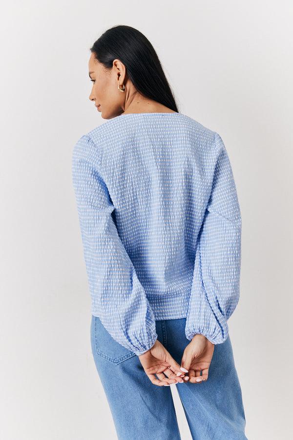 In The Style In The Style Blue Gingham Seersucker Tie Front Blouse Blue