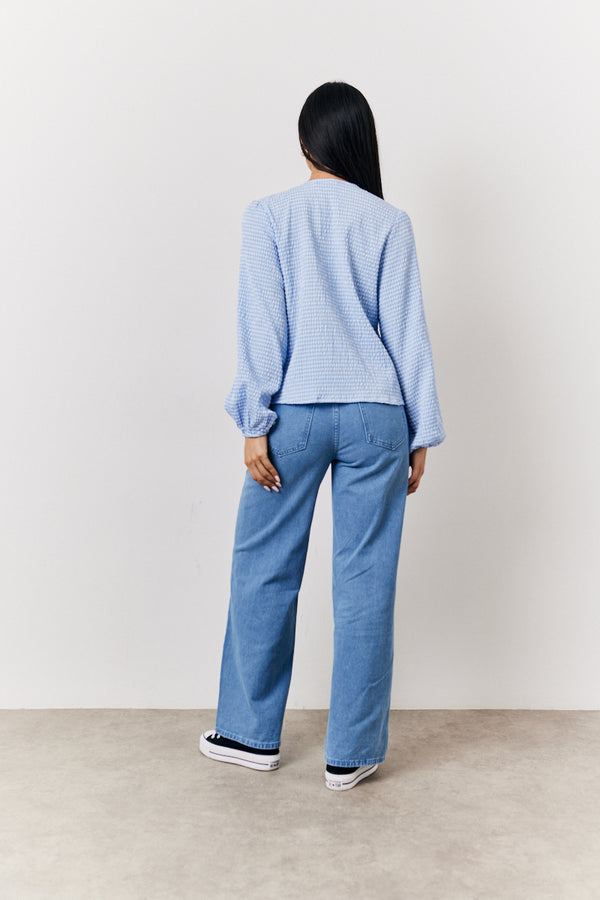 In The Style In The Style Blue Gingham Seersucker Tie Front Blouse Blue