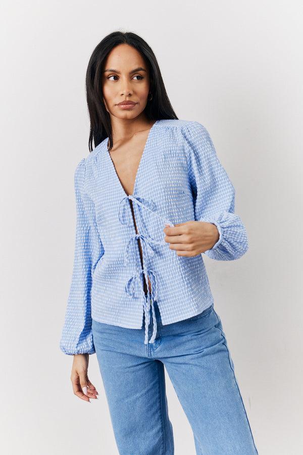 in the style In The Style Blue Gingham Seersucker Tie Front Blouse Blue