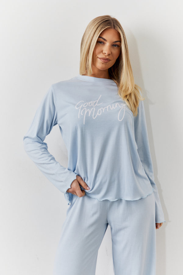 In The Style In The Style Blue Lettuce Hem Slogan Long Sleeve Top And Trouser PJ Set Blue