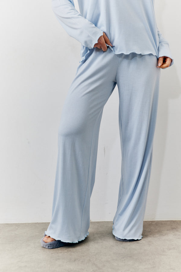 In The Style In The Style Blue Lettuce Hem Slogan Long Sleeve Top And Trouser PJ Set Blue