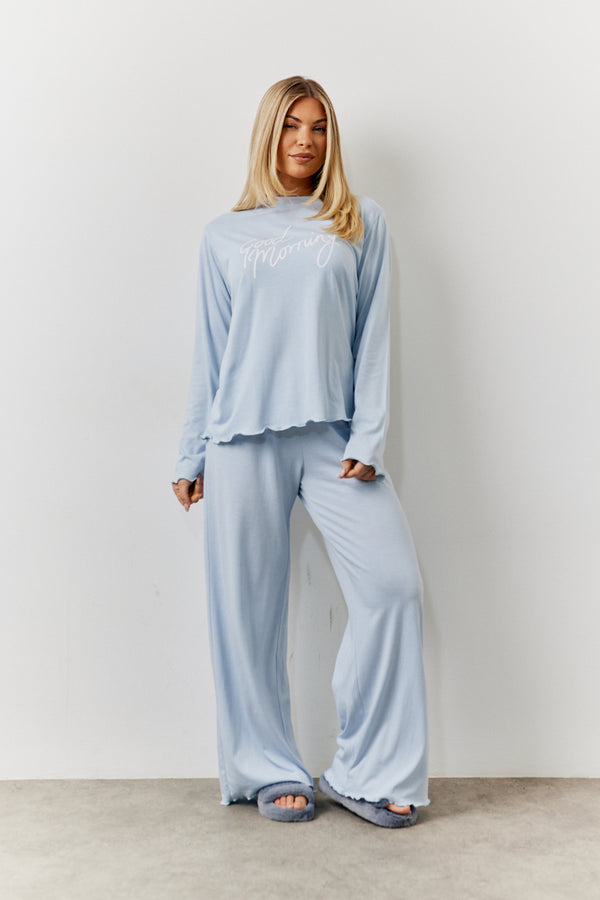 in the style In The Style Blue Lettuce Hem Slogan Long Sleeve Top and Trouser PJ Set Blue