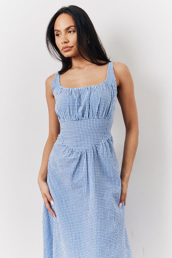 In The Style In The Style Blue Seersucker Gingham Milkmaid Midaxi Dress Blue