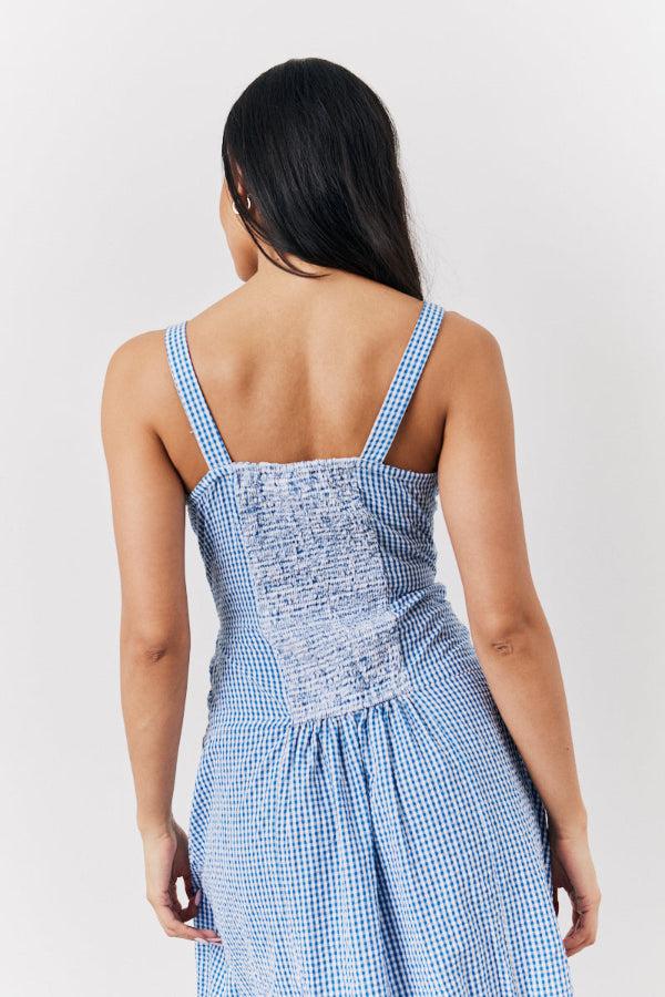 In The Style In The Style Blue Seersucker Gingham Milkmaid Midaxi Dress Blue