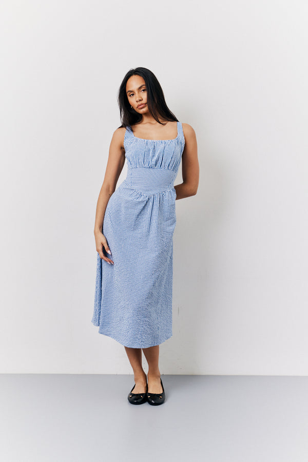 in the style In The Style Blue Seersucker Gingham Milkmaid Midaxi Dress Blue