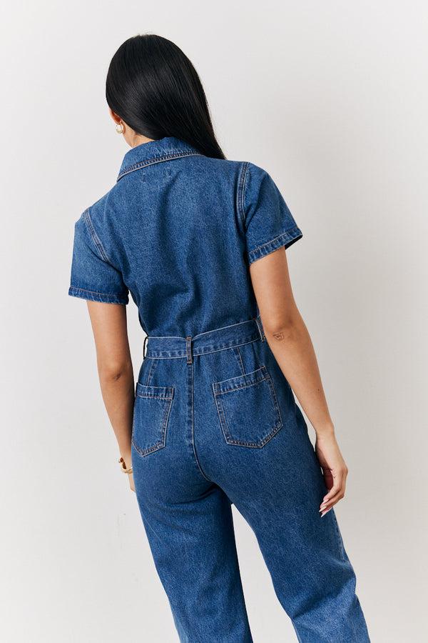 In The Style In The Style Blue Short Sleeve Denim Jumpsuit Denim