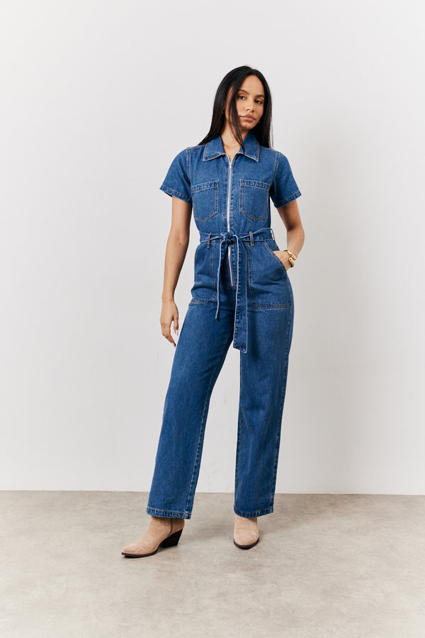 In The Style In The Style Blue Short Sleeve Denim Jumpsuit Denim