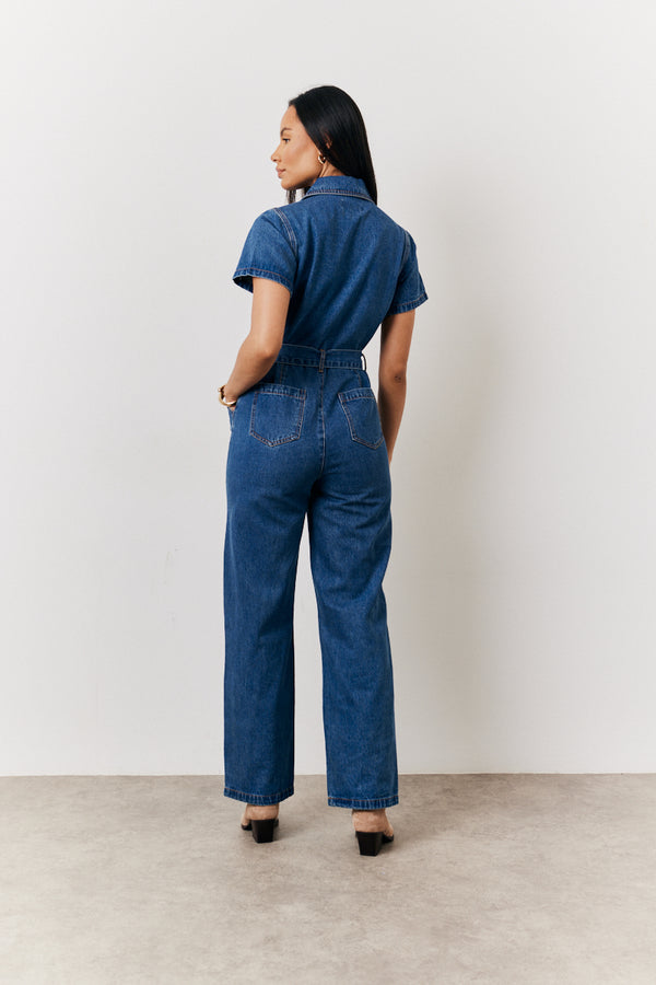In The Style In The Style Blue Short Sleeve Denim Jumpsuit Denim