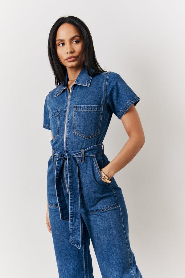 in the style In The Style Blue Short Sleeve Denim Jumpsuit Denim