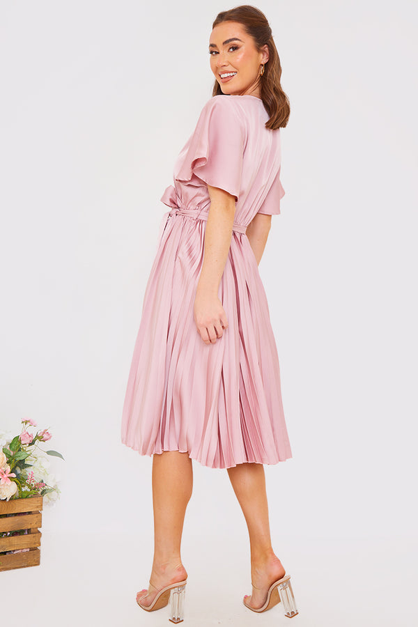 In The Style In The Style Blush Angel Sleeve Pleated Wrap Midi Dress Blush