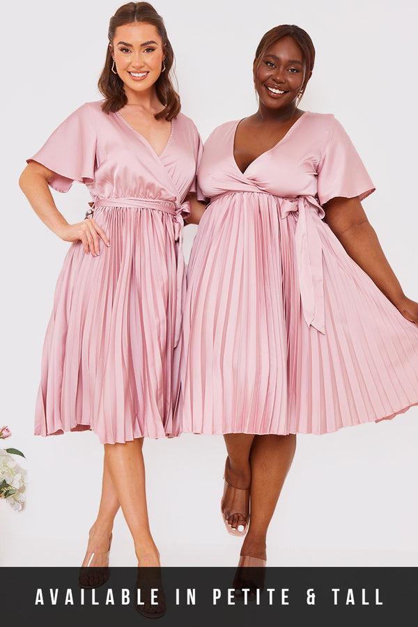 In The Style In The Style Blush Angel Sleeve Pleated Wrap Midi Dress Blush