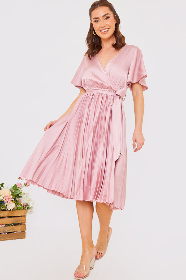 in the style In The Style Blush Angel Sleeve Pleated Wrap Midi Dress Blush