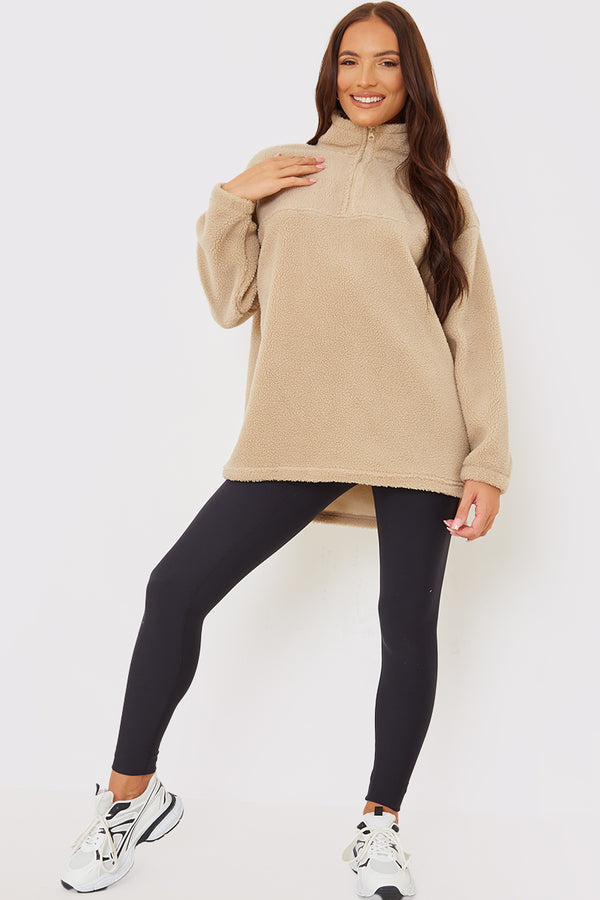 In The Style In The Style Borg Half Zip Pullover Sweatshirt Stone