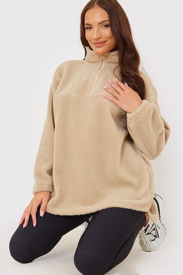 in the style In the Style Borg Half Zip Pullover Sweatshirt Stone