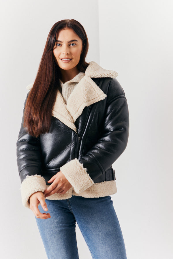 In The Style In The Style Borg Trim Aviator Jacket Black