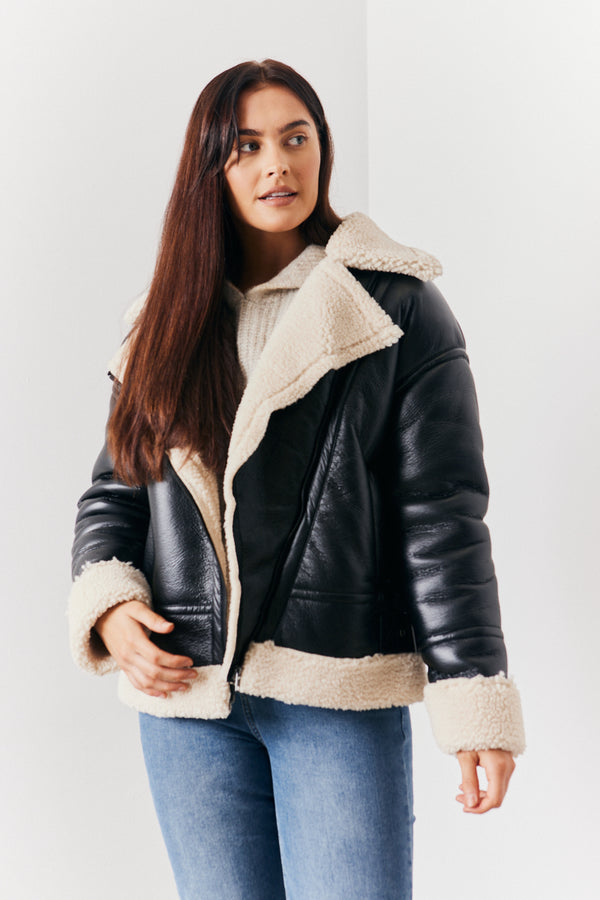 in the style In the Style Borg Trim Aviator Jacket Black