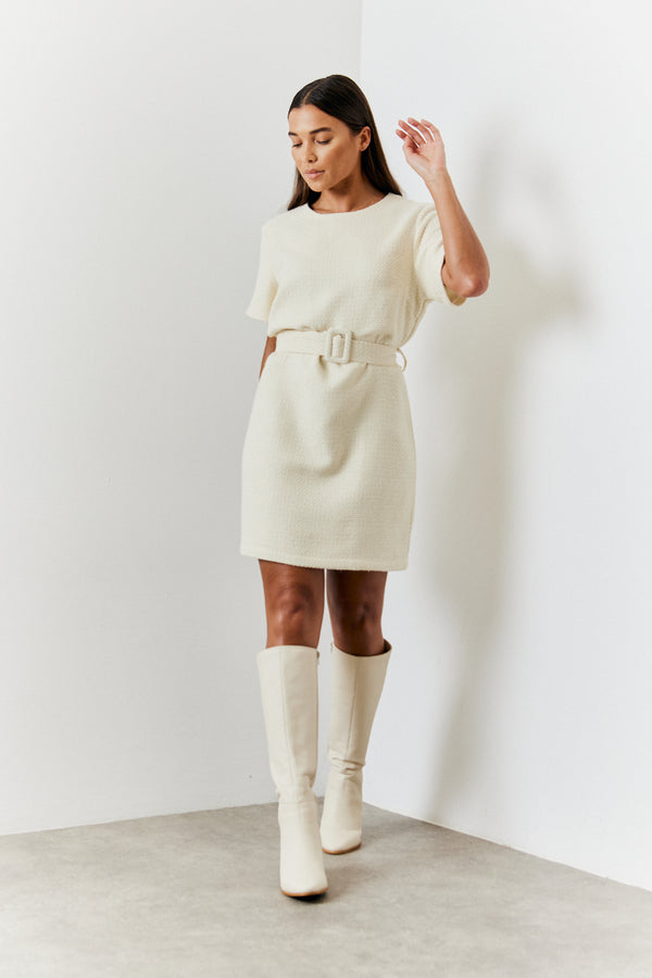 In The Style In The Style Boucle Belted Mini Dress Cream